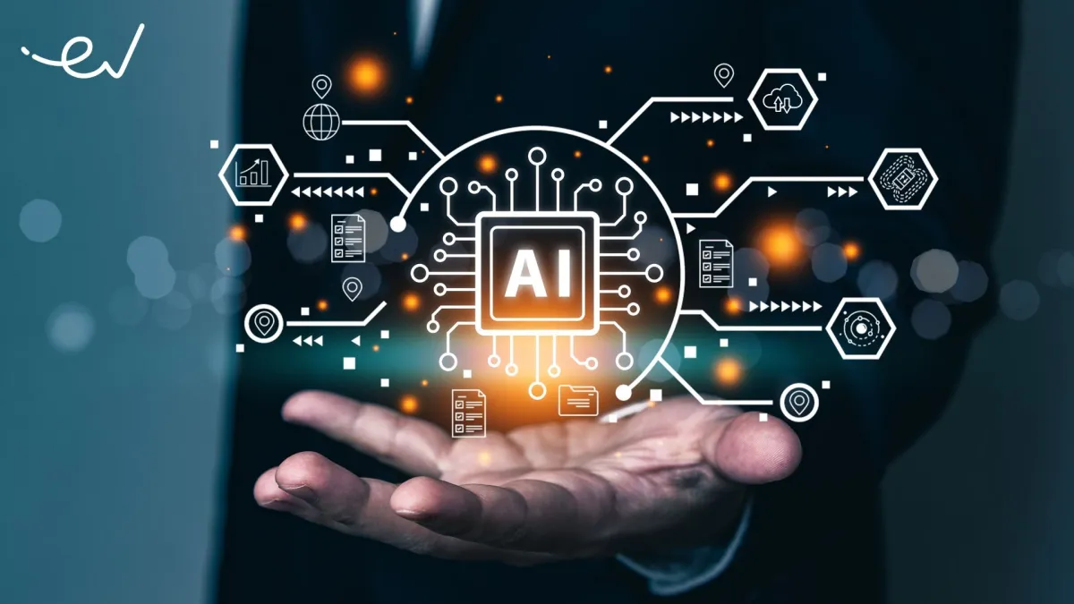 Tenyér, amely fölött egy AI feliratú chip szimbóluma és digitális szolgáltatások ikonjai lebegnek
